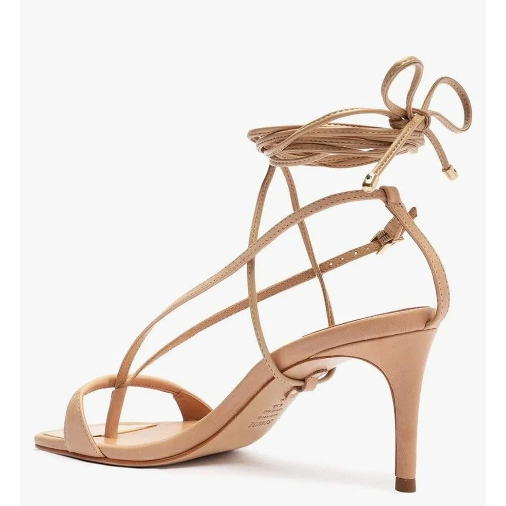 New SCHUTZ Beige Vikki Lace Up Square Thong Toe Stiletto Sandals Brazil US 9.5B - Picture 3 of 9